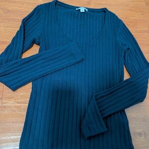 REISS - Navy Blue Ribbed Scoop Neck Long Sleeve Top